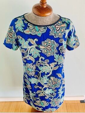 LOFT Paisley Short Sleeve Shift Dress Blue Teal Tan